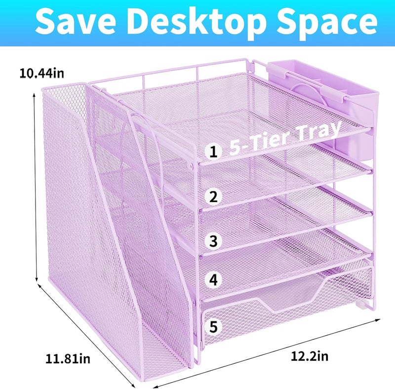 Gugsey Desk Organizer, 5-Tier Paper Letter Tray Organizer with File Holder, Drawer and Pen Holder, Desktop Organizer for Office Supplies, Purple - Image 2